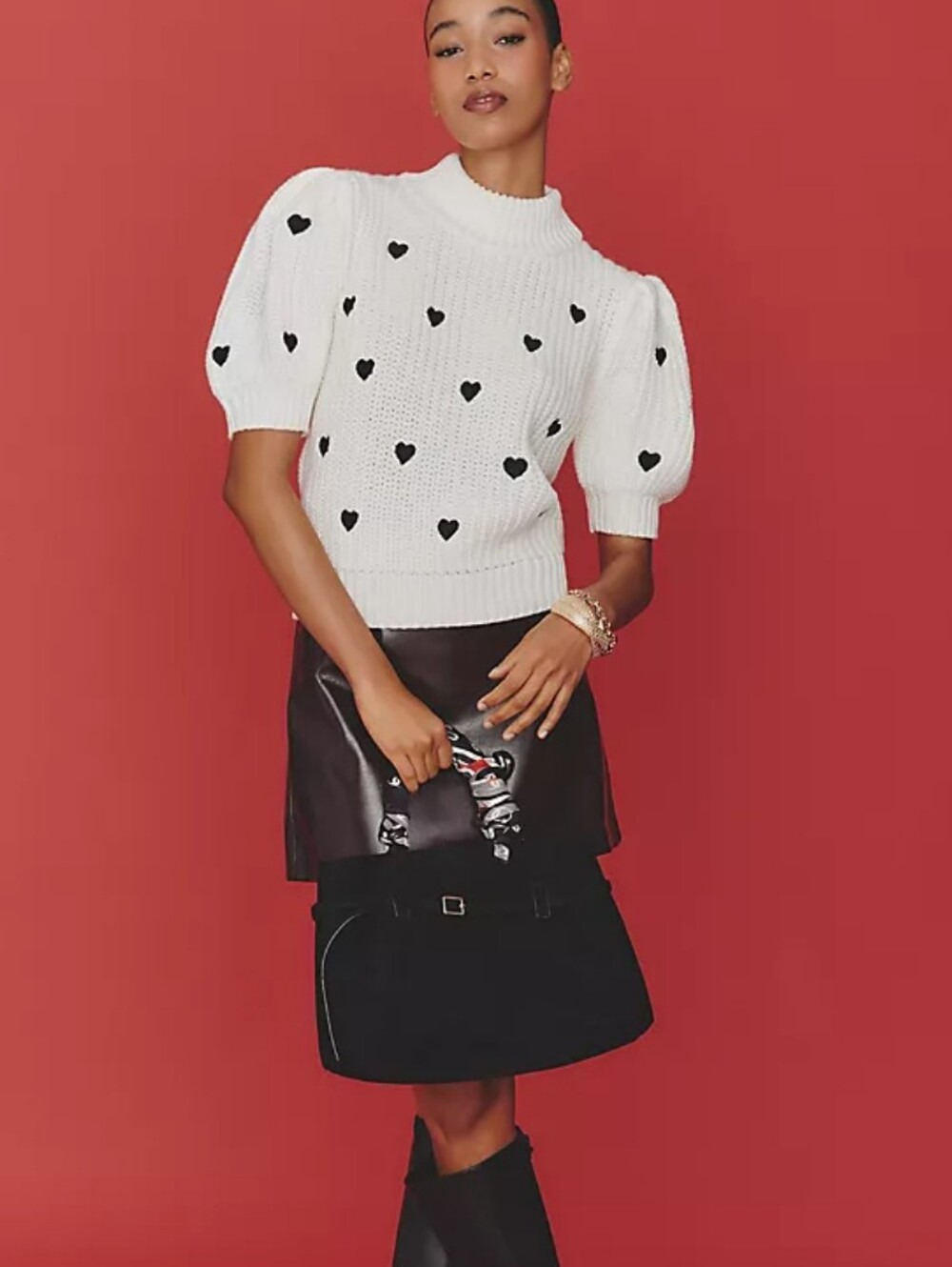 Anthropology English Factory Embroidered Heart Sweater With Short Puff Sleeve, M